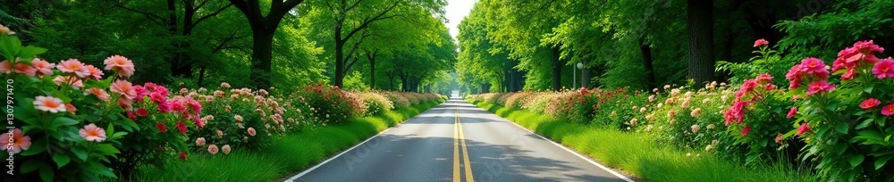 Fototapeta premium Roadway enveloped by lush foliage and blooming flowers, botanical photography, greenery