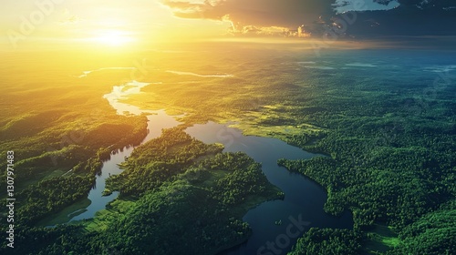Wallpaper Mural Serene Sunset Over Lush River Landscape: A Golden Hour Aerial View Torontodigital.ca