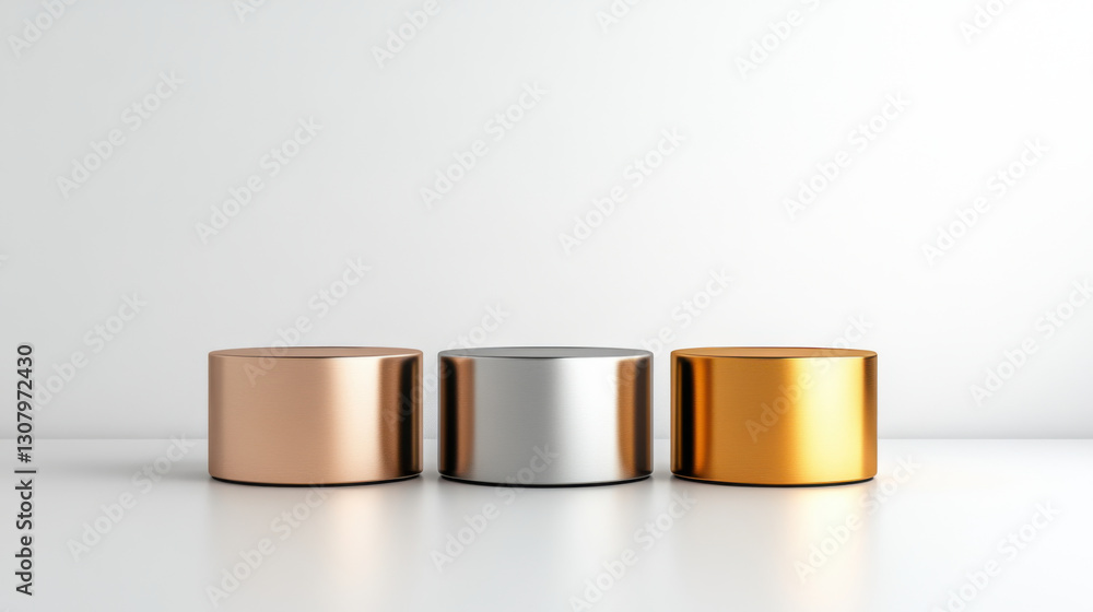 Sleek metallic podiums in bronze, silver, and gold on minimalist background Sleek metallic podiums in bronze, silver, and gold on minimalist background