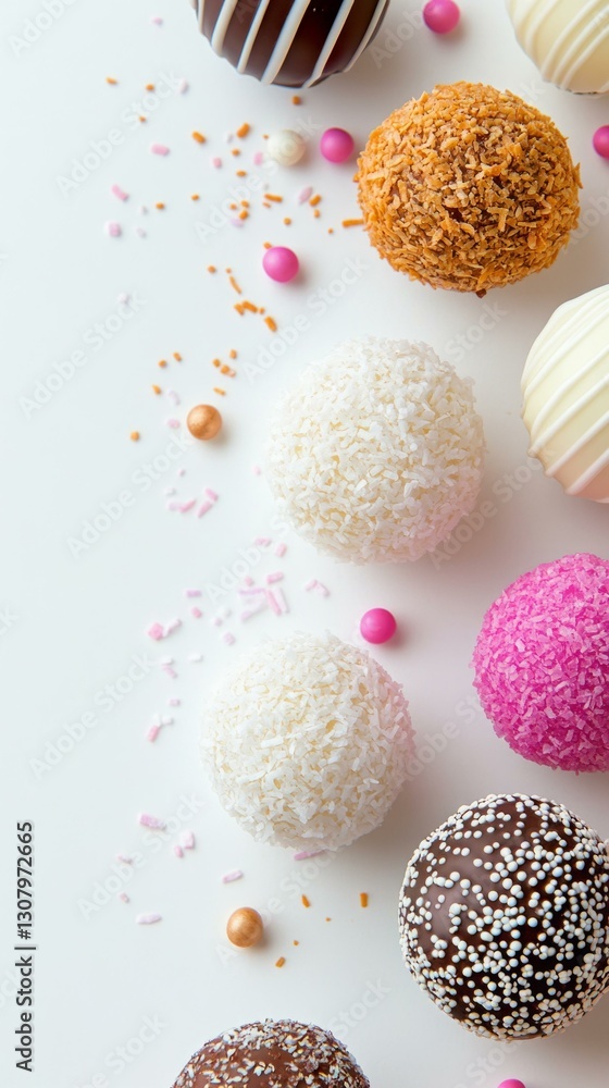Obraz premium Colorful assorted truffles with sprinkles on white background, perfect for breakfast indulgence and sweet cravings