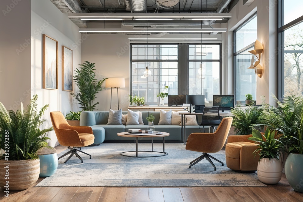 Serene Modern Office Setting with Chic Decor and Relaxing Ambiance Serene Modern Office Setting with Chic Decor and Relaxing Ambiance