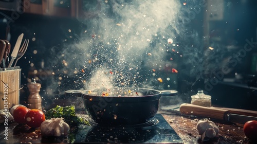 Fototapeta Naklejka Na Ścianę i Meble -  Dramatic cooking scene with flying ingredients and steam