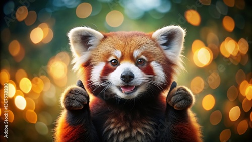 Adorable Red Panda Giving Thumbs Up, Bokeh Background Stock Photo