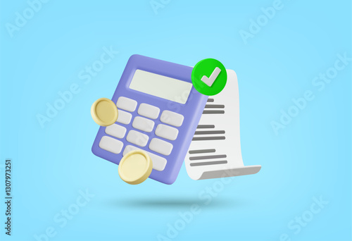 3D Vector Illustration Render Purple Calculator Icon with Coins, Receipt and Check Mark. Financial Calculation and Accuracy Concept. For Accounting, Budget Management, Financial Data Analysis,Business