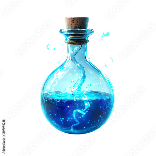 Tableau sur toile A glowing potion bottle bubbling with blue liquid, isolated on a white background