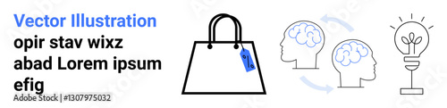 Shopping bag with a price tag, two interconnected brains, and a light bulb with a seedling. Ideal for retail, innovation, sustainability, education, collaboration, creative thinking flat landing