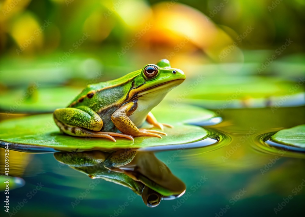 Adorable Tiny Frog on Lily Pad in Pond - Miniature Tilt-Shift Photography Adorable Tiny Frog on Lily Pad in Pond - Miniature Tilt-Shift Photography