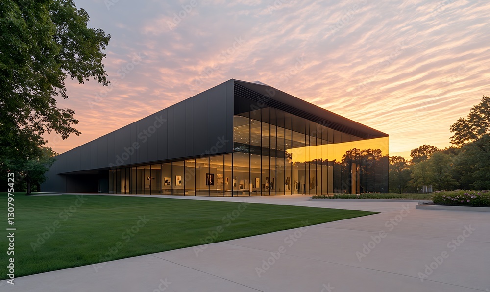 Modern architectural structure set against a vibrant sunset backdrop with lush greenery.