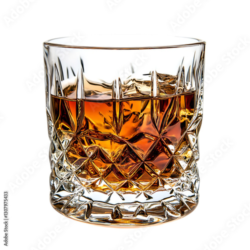 A hand-crafted crystal whiskey glass, filled with a rare 50-year-old Scotch, isolated on a white background.