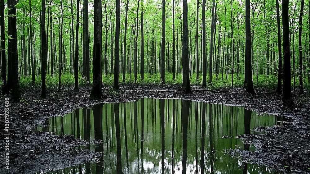 Obraz premium Green Trees Reflect in the Water of a Forest Pond