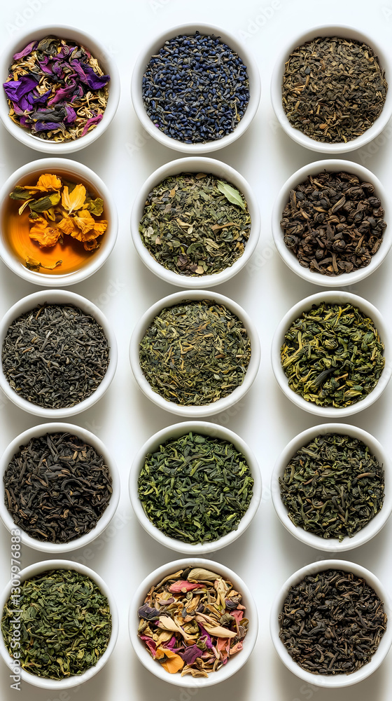 Assortment of Dried Tea Leaves in White Bowls, a Colorful Food Photography Assortment of Dried Tea Leaves in White Bowls, a Colorful Food Photography