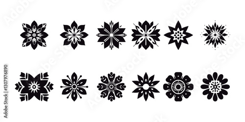 This black flower vector pack includes geometric motifs and abstract floral design silhouettes. Perfect for design projects, branding, and adornment. incorporates simple botanical motifs for imaginati