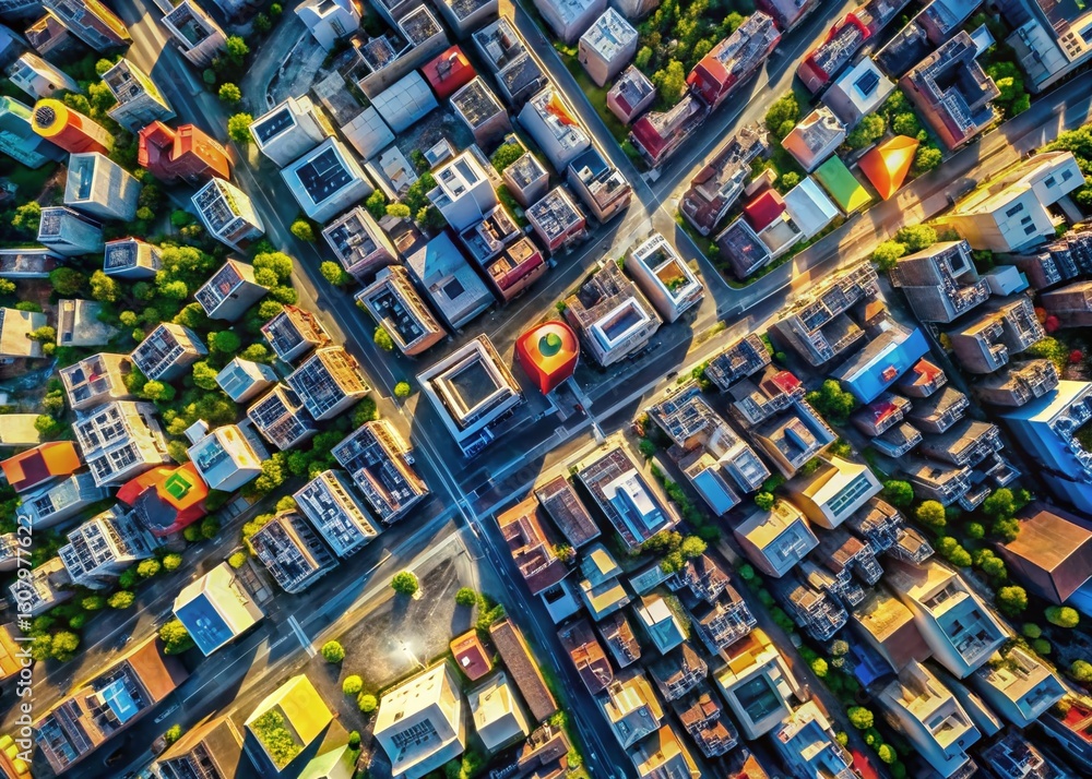 Fototapeta premium Aerial City Map with 3D Pinpoint Markers - Drone Photography Stock Photo