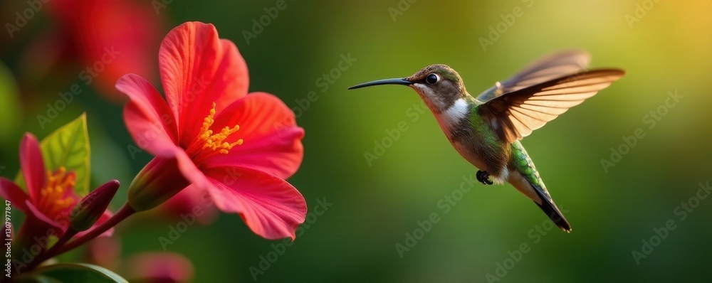 Fototapeta premium Tiny hummingbird hovers, long beak in vibrant red bloom , feather, spring, plant