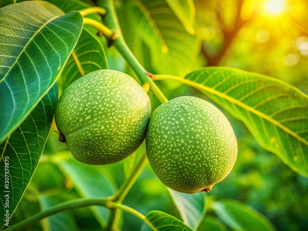 Aerial Close-Up: Unripe Green Walnuts on Branch, Garden Tree Aerial Close-Up: Unripe Green Walnuts on Branch, Garden Tree