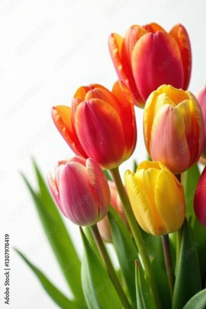 Close-up of multicolored tulips against stark white, bloom, red Close-up of multicolored tulips against stark white, bloom, red