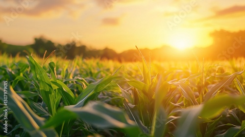 Young Maize Corn in Cornfield Under Sunlight