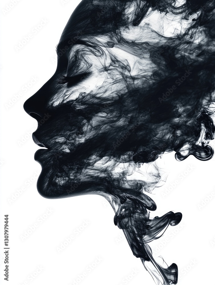 Fototapeta premium Silhouette of ethereal woman dissolving into dark smoke on white backdrop