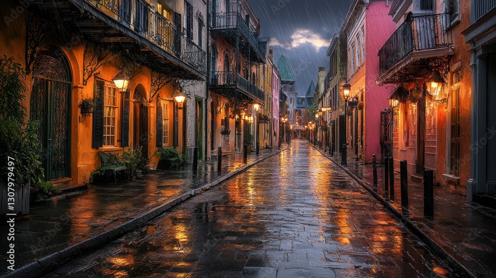 Fototapeta premium Rain-slicked street at night, colorful buildings, old city.