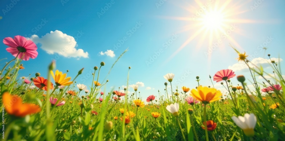 Sun-drenched meadow, wildflowers bloom Vibrant green grass, sunny sky , garden, wildflowers, outdoor Sun-drenched meadow, wildflowers bloom Vibrant green grass, sunny sky , garden, wildflowers, outdoor
