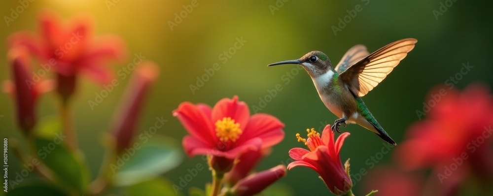 Tiny hummingbird hovers, long beak in vibrant red bloom , beautiful, feather Tiny hummingbird hovers, long beak in vibrant red bloom , beautiful, feather