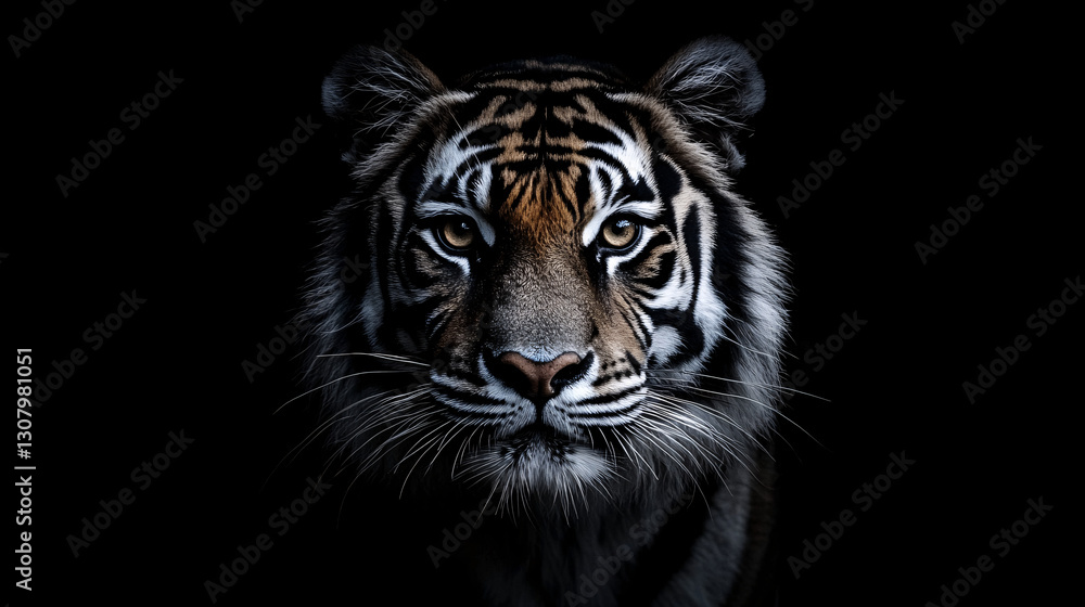 close-up of tiger face in darkness with piercing eyes and detailed fur contrasting light and shadow
close-up of tiger face in darkness with piercing eyes and detailed fur contrasting light and shadow