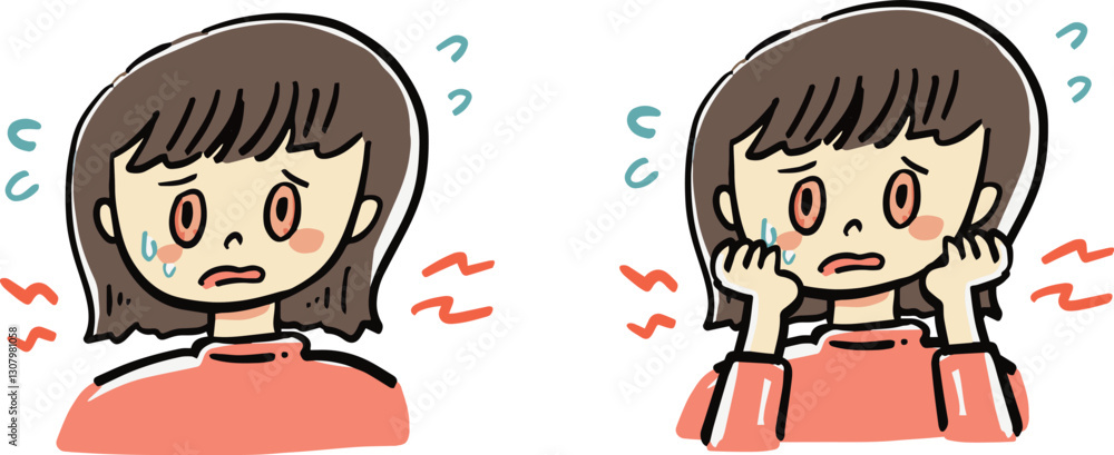 目の充血に困惑する女性のバストアップイラストセット