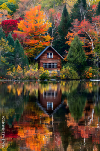 Wallpaper Mural Tranquil Autumn Lake with Vibrant Foliage and Charming Cabin for a Serene Retreat in Nature's Beauty Torontodigital.ca