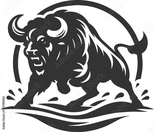 A buffalo defending its territory aggressively animal vector silhouette