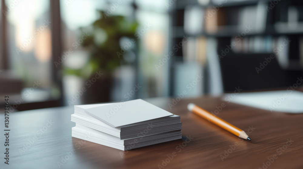 Side Angle of a Set of Business Cards and a Pencil on the Far Left Side of an Office Desk with a Blurred Background and Generous Space on the Right for Text Placement copy space Side Angle of a Set of Business Cards and a Pencil on the Far Left Side of an Office Desk with a Blurred Background and Generous Space on the Right for Text Placement copy space
