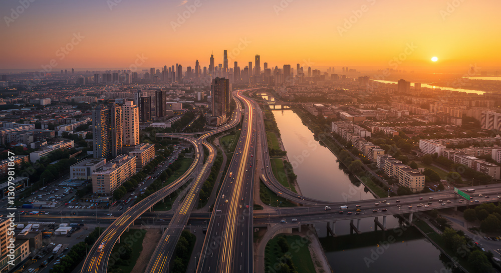 Naklejka premium Aerial View of Cityscape at Sunset with Urban Highway, Skyline, and River