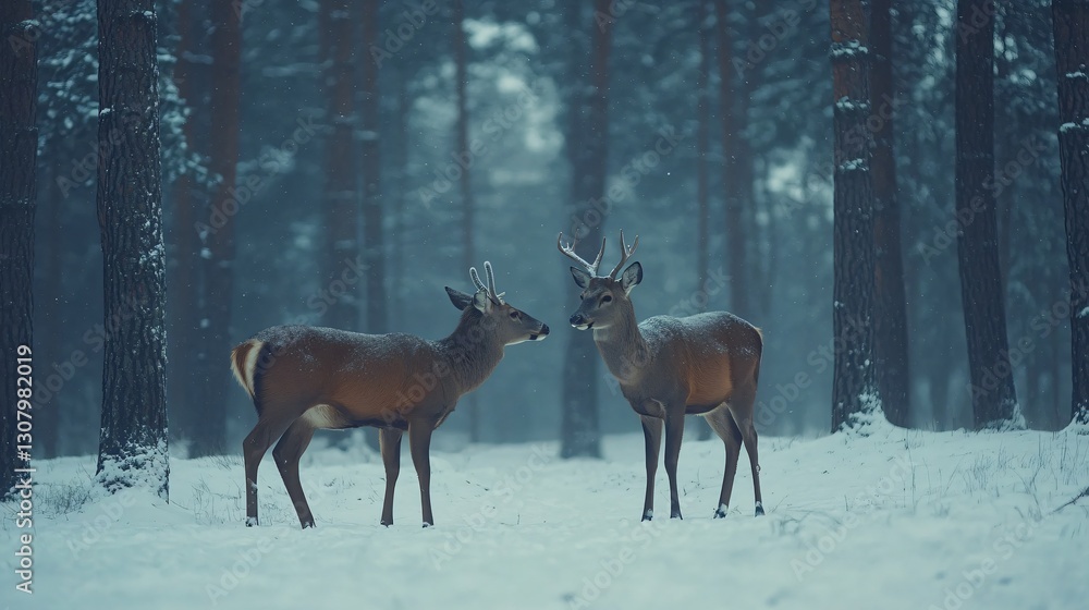 Obraz premium Majestic male & female deer in snow forest