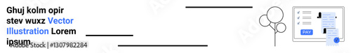 Balloons, horizontal lines, and a user interface with text blocks and a button. Ideal for web technology, UIUX design, digital interactions, social themes, innovation, minimalism abstract line flat