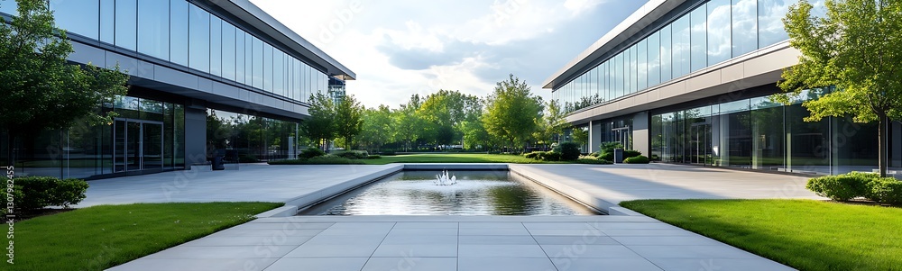 Modern office buildings flank a serene water feature, surrounded by lush greenery under a bright sky.