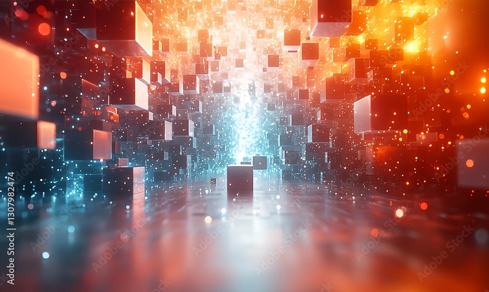 Fototapeta premium Abstract digital space with floating cubes on a white gradient background featuring a central cluster emitting orange light with blue and red shadows