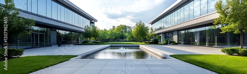 Obraz na płótnie Modern office buildings flank a serene water feature, surrounded by lush greenery under a bright sky. w salonie