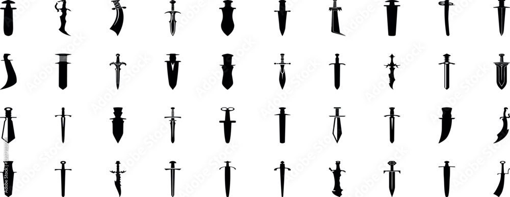 Sword silhouette collection, swords vector illustration. Medieval sword, dagger, cross guard. Black weapon designs, different shapes and styles isolated on white background Sword silhouette collection, swords vector illustration. Medieval sword, dagger, cross guard. Black weapon designs, different shapes and styles isolated on white background