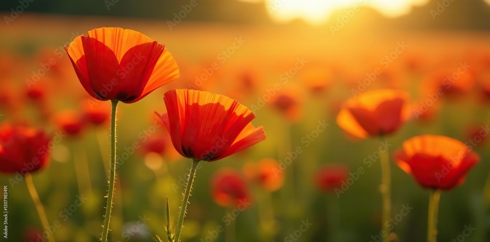 Soft focus shot of blooming poppies in rye field, fields, golden light Soft focus shot of blooming poppies in rye field, fields, golden light
