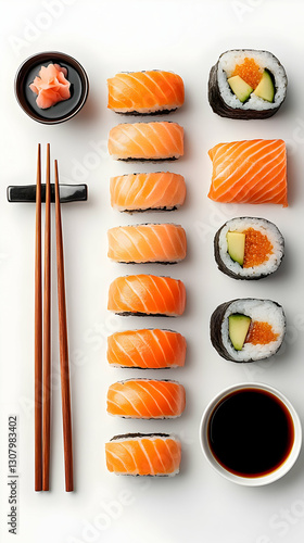 Delicious Salmon Sushi and Avocado Maki Rolls - A Realistic Food Photography Image