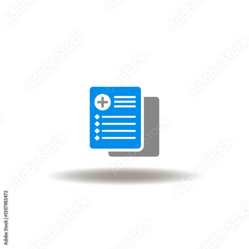 Vector illustration of document list with medical or pharmacy cross. Symbol of anamnesis. Icon of medical patient history record.