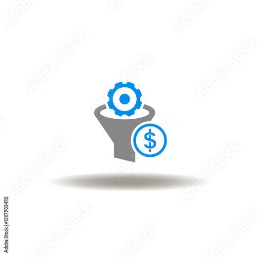 Vector illustration of funnel with gear wheel and dollar currency. Symbol of CRO Conversion Rate Optimization. Icon of Lead Generation.