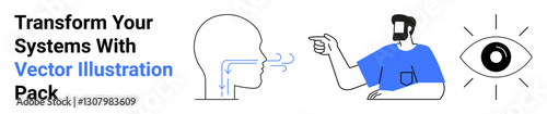 Human head with airflow diagram, person pointing, graphical eye. Ideal for communication, decision-making, focus, educational visuals, technology, healthcare flat landing page banner