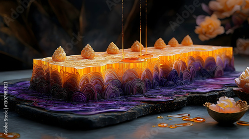 Honeycomb dessert, drips, dark background, flowers photo