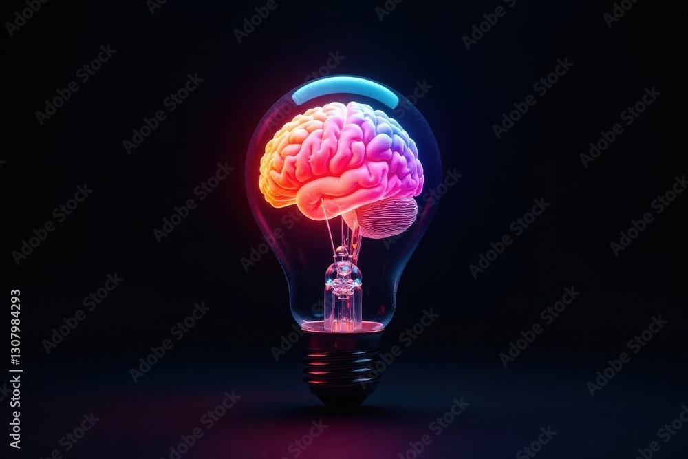Colorful brain glowing within a glass light bulb, stark black backdrop, learning, knowledge, creativity Colorful brain glowing within a glass light bulb, stark black backdrop, learning, knowledge, creativity