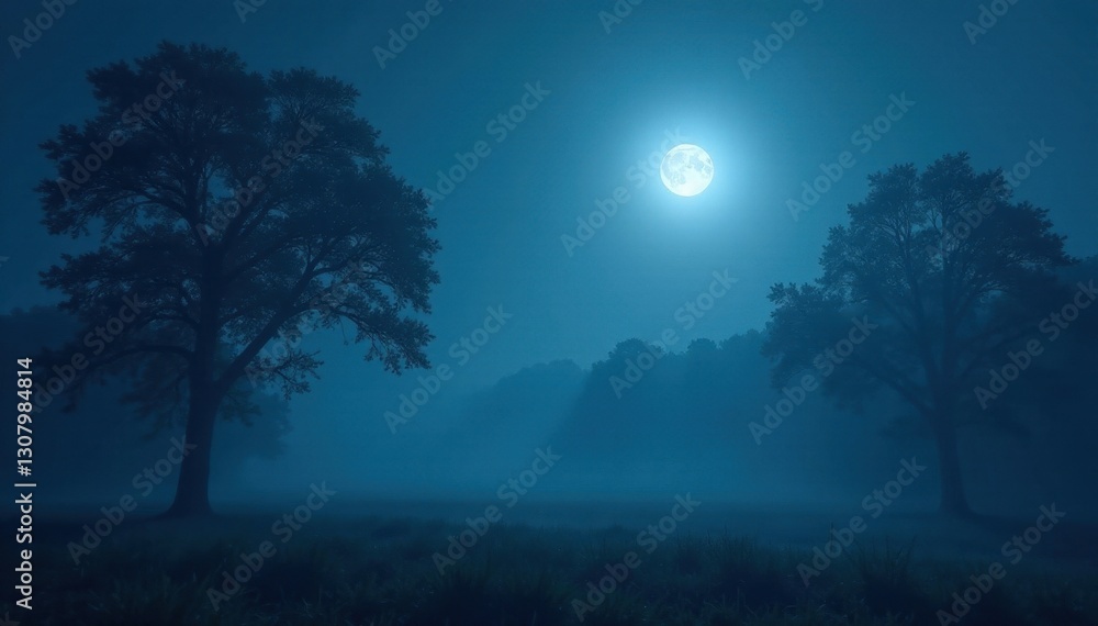 Fototapeta premium Pale moonlight filters through dense fog, illuminating dark silhouettes of trees , forest, oak