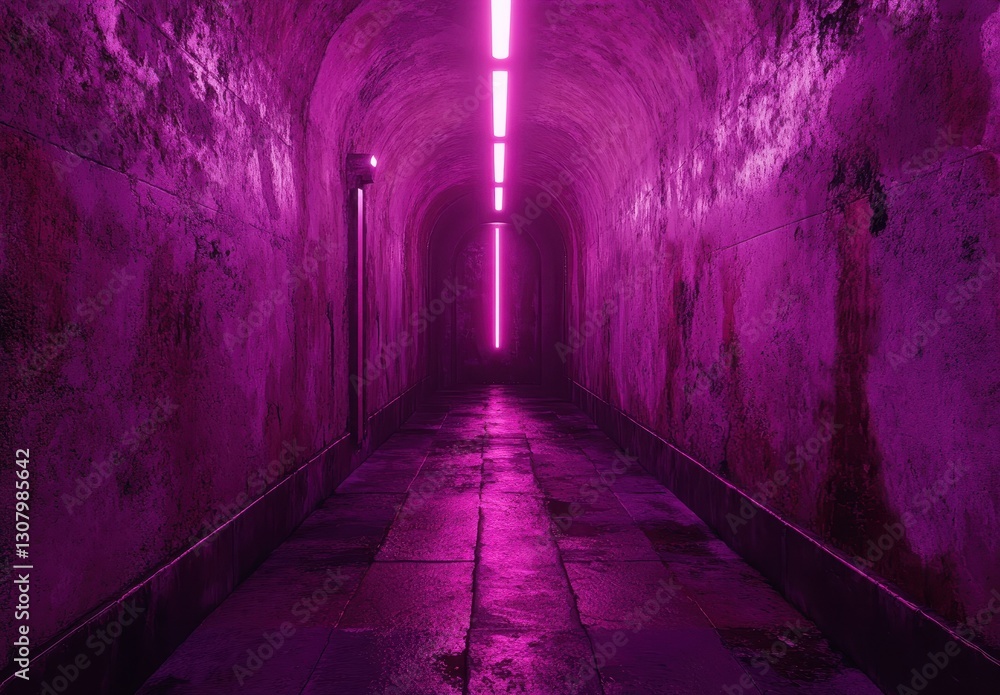 Mysterious Dimly Lit Corridor with Vibrant Pink Neon Lights Casting Shadows on Wet Stone Walls Mysterious Dimly Lit Corridor with Vibrant Pink Neon Lights Casting Shadows on Wet Stone Walls