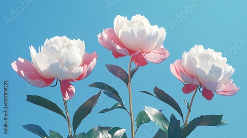 Pink & White Peony Flowers on Blue Background