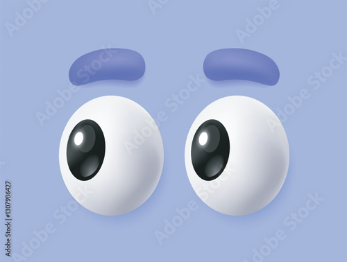 3D eyes. Funny cartoon icon or comic emoji with eyeballs and eyebrows expressing curiosity emotion and looking to left. Funny eyesight pair. Realistic vector illustration in plasticine style