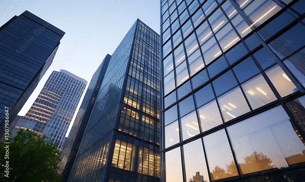 Obraz premium Modern skyscrapers reflecting the sky, showcasing urban architecture at dusk.