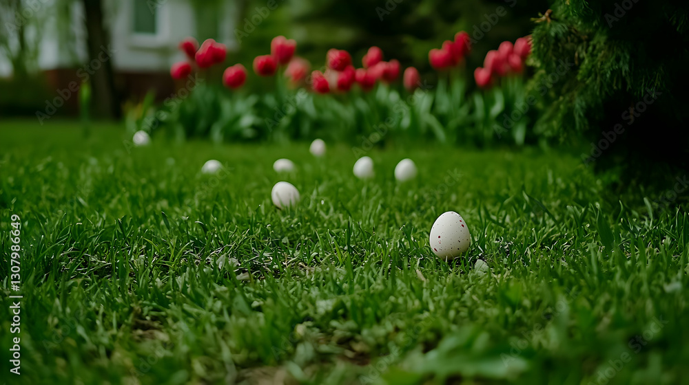 Easter eggs hidden in grass, tulips background, spring garden Easter eggs hidden in grass, tulips background, spring garden